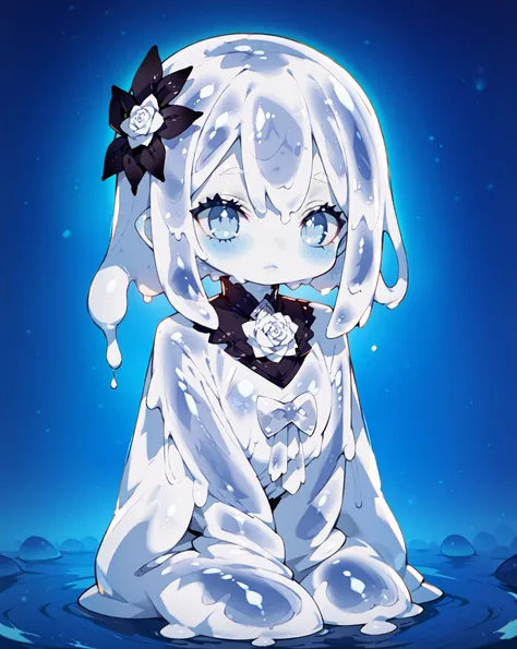 Palace of the Dark Empire 、 Pure White Monster Girl ( (Pure white slime girl、  pure white skin、 White and Light Grey )、  Black Rose Hair Ornament )、 silver shoulder outfit dress、( Slime Around  )