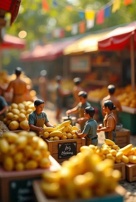 A cinematic shot of a lively miniature fruit market where tiny workers are actively selling bananas at their banana stall. The stall is neatly arranged with fresh, golden-yellow banana bunches stacked in small wooden crates. A miniature worker in a tiny ap...