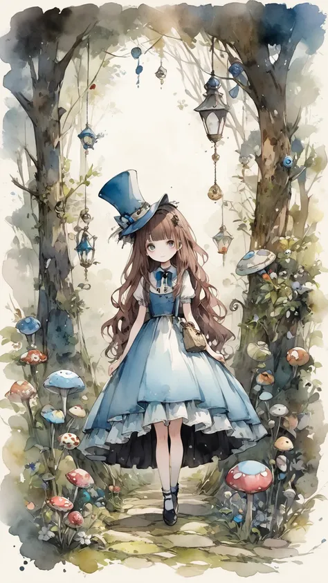   Tim Burton Style 、  Watercolor touch、Rustic、 quality、   character design 、Alone,   Wonderland 、