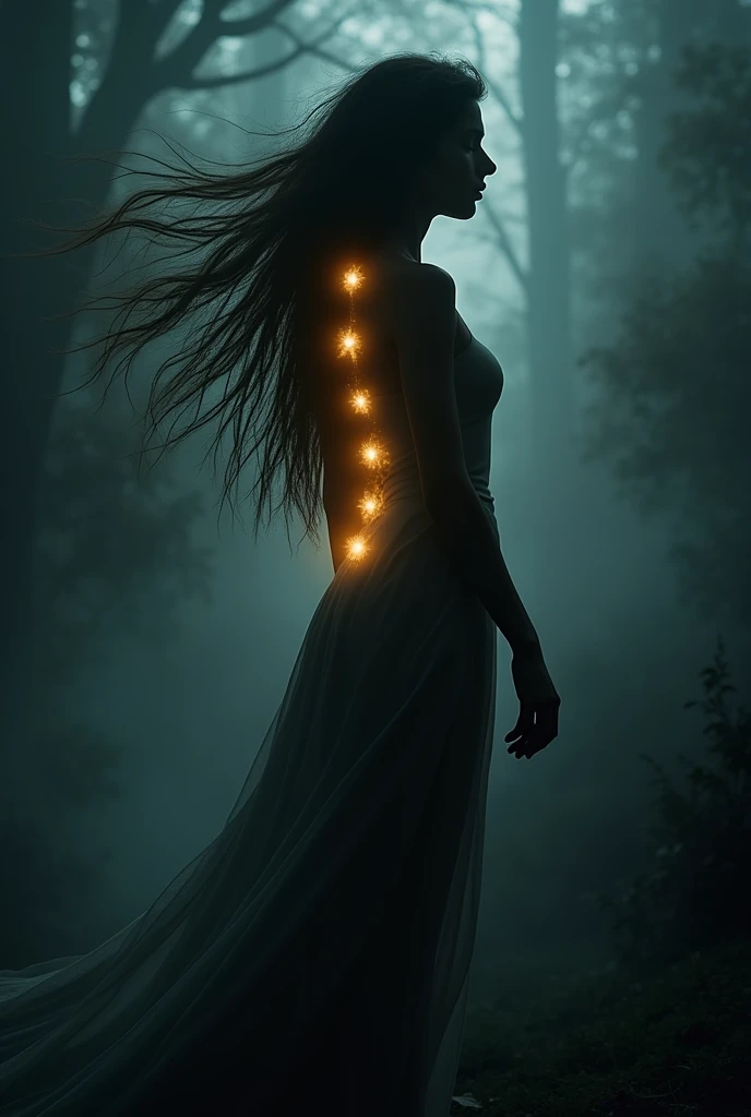 Silhouette of a girl with long hair on a dark background whose chakras are glowing