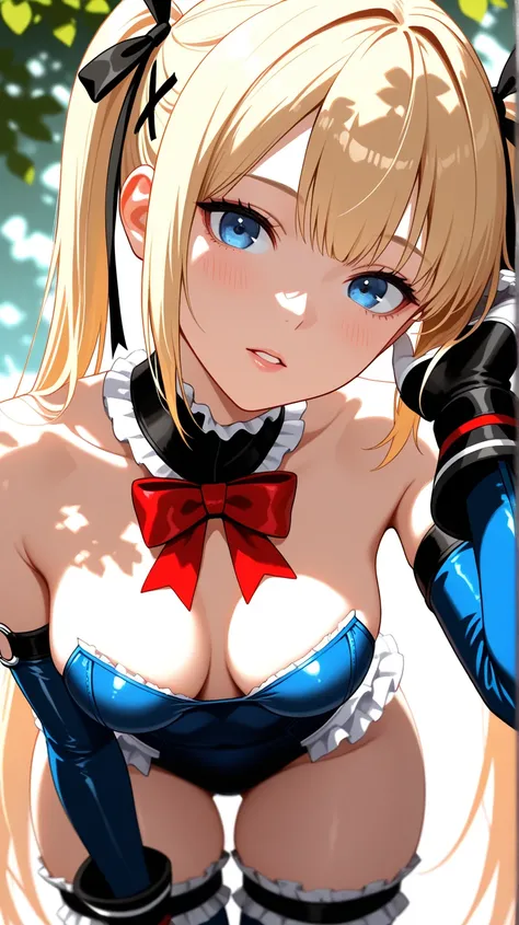 masterpiece, best quality, amazing quality, very aesthetic, high resolution, ultra-detailed, absurdres, newest, 1woman, solo, DOA, (dead or alive, Marie Rose), (Marie Rose costumes), twintails, hair ribbon, blonde hair, blue eyes, breasts, ass, thick thigh...