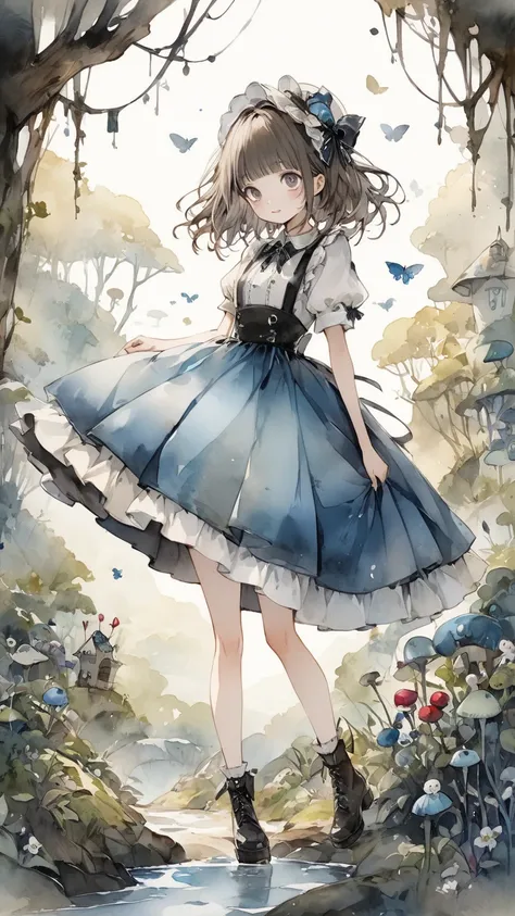   Tim Burton Style 、  Watercolor touch、Rustic、 quality、   character design 、Alone,   Wonderland 、