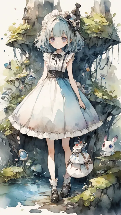   Tim Burton Style 、  Watercolor touch、Rustic、 quality、   character design 、Alone,   Wonderland 、