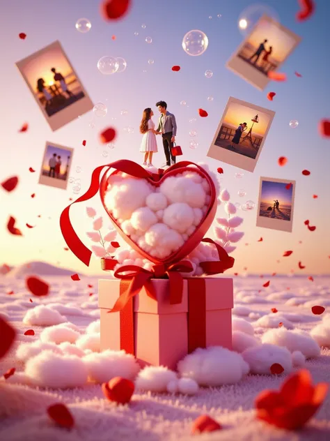 3d，超现实的3d场景， with a huge red ribbon ， ， Love letter paper floats in the background ， A  and a cute  stand on top of a heart-shaped gift box， The overall picture has a blurred depth of field ， The heart-shaped gift box floats in the middle of the air and su...