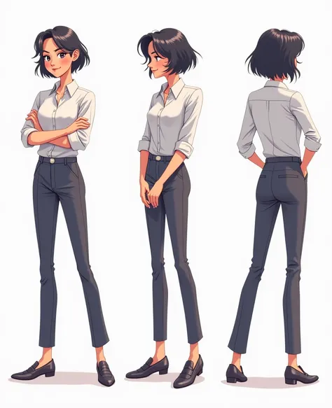  Paren,  multiple poses and expressions,  full length,  white background, office illustration, 25 years old, bright heart , short sleek black hair,  shirt with sleeves 