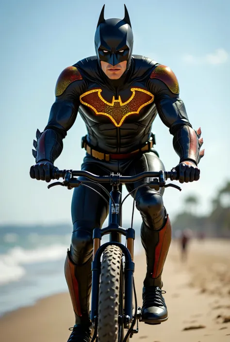 Batman Cyber-Wraith Suit  [Material: Flexible graphene material connected to AI Batcomputer for automatic response][ Color: Deep gold-red with electric blue accents that light up when it detects an enemy.]

[Motif: The carbon fiber pattern resembles digita...