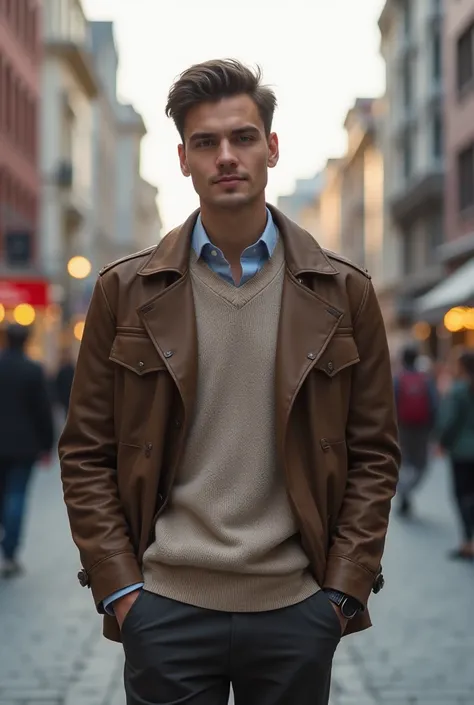 25 years old Charismatic , short hair man wearing a sweater and he is standing on street 