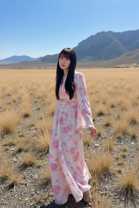 "A Japanese woman standing in the middle of a vast American landscape, with wide open plains, towering mountains in the distance, and a clear blue sky. She is wearing a traditional Japanese kimono, with intricate floral patterns, contrasting against the ru...