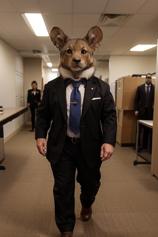 Mouse  =   light brown fur stands like a human wearing a black suit with,  black pants, wears a tie like an office worker .

