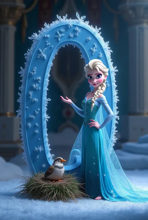 Character : Queen Elsa (Frozen )
Animal : Quail
Design : A regal "Q," with Elsa standing confidently beside it. Include a quail nesting cozily at the foot of the letter, fluffing its feathers.
Background: A majestic throne room draped in icy elegance.