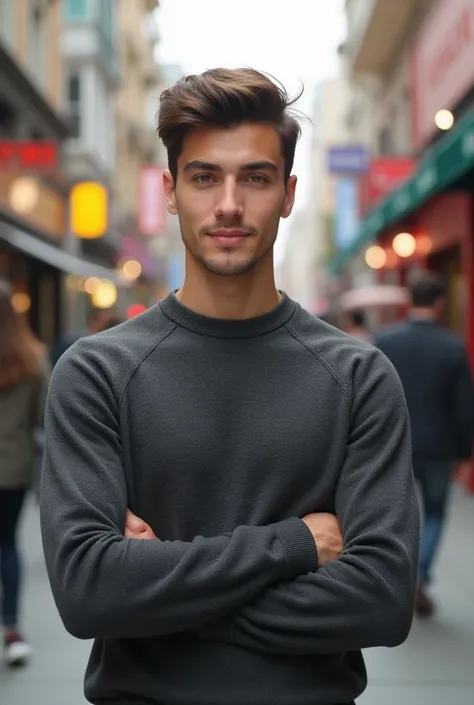 25 years old Charismatic , short hair man wearing a sweater and he is standing on street 