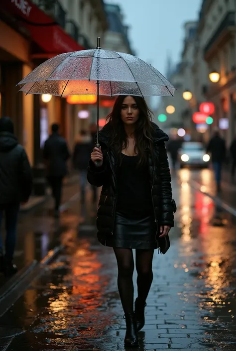 Megan Fox [FLUX] slightly wet, standing in the rain on a cobblestone street in Paris, holding a transparent umbrella, melancholic mood, soft diffused light, atmospheric, puddles reflecting the city lights