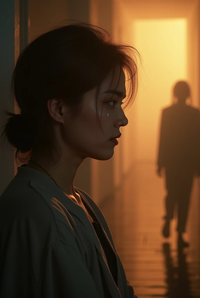 "A man with tears in her eyes, turning away from a fading figure in the background. The scene is filled with soft, warm light, creating a bittersweet atmosphere. The man's expression is a mix of sadness and hope." 