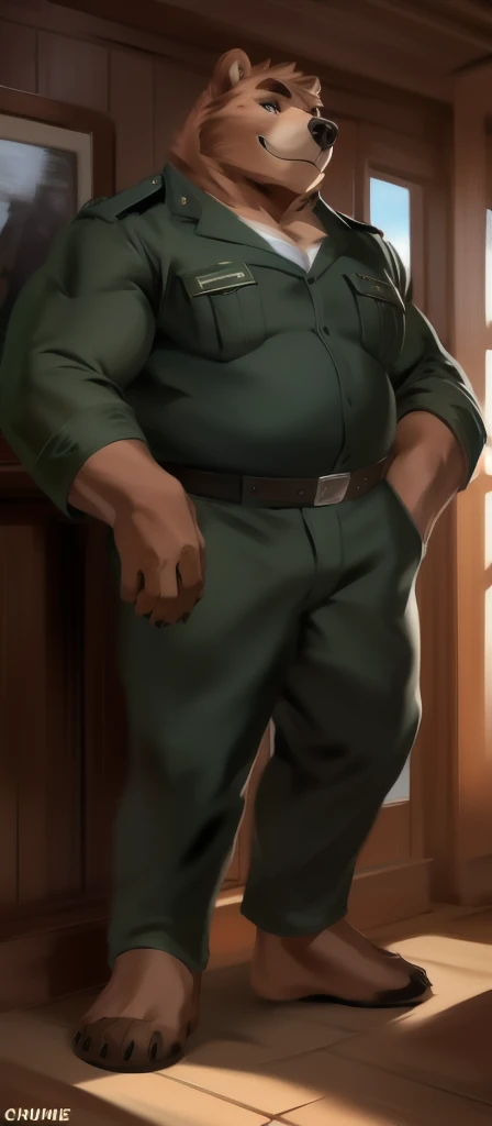 Solo, male Tall,model, huge​ body,​standing, den,bear mammoth , black green Army uniform, overweight, muscular, smirking, by chunie​