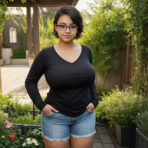 Jacky a timid short petite cute chubby Mexican geeky nerdy emo teen, short slightly wavy hair, cute detailed brown eyes, cutely detailed lips, cute highly detailed eyes and face, voluptuous macromastia breasts, thin thighs, chubby hips, long sleeve v neck ...