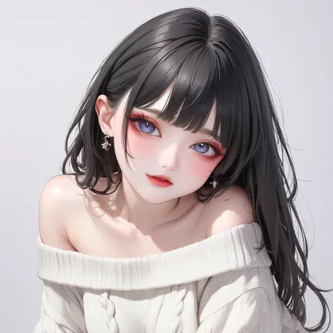  cute girl、 black hair、Off-the-shoulder sweater、 cute makeup、 white background