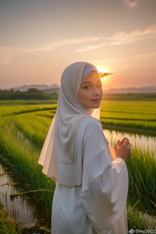 (8k RAW photo,best quality, masterpiece:1.2), (realistic, photo-realistic:1.37), a lone girl hijab standing in a rice paddy, ears of rice waving in the wind, illuminated by the setting sun, an idyllic and sentimental scene,