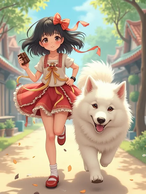 A Japanese woman with a cute face is in a cute miniskirt with lots of ribbons, has dark, semi-long hair, and chocolate　A white Samoyed dog is running next to it 