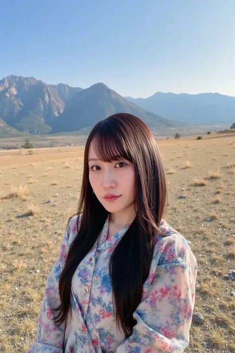 "A Japanese woman standing in the middle of a vast American landscape, with wide open plains, towering mountains in the distance, and a clear blue sky. She is wearing a traditional Japanese kimono, with intricate floral patterns, contrasting against the ru...