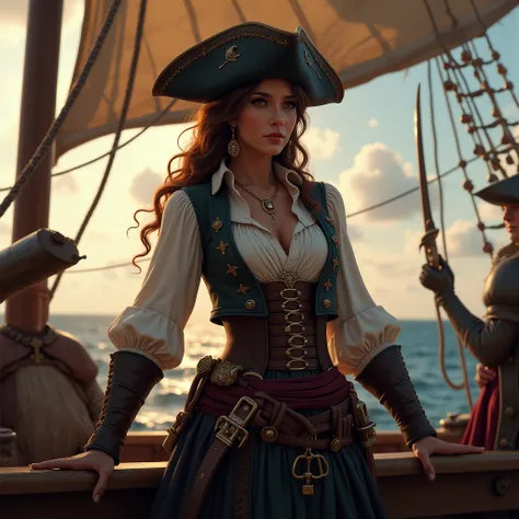 Rencontrez Emilia, votre mystérieuse mais attirante reine pirate, dont le regard perçant et la posture confiante commandent le respect et l'intérêt. Préparez-vous à une aventure de flibustier comme aucune autre, mon brave !