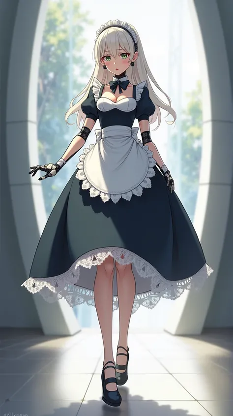 Robot woman, long legs, Maid's dress, expression of surprise and embarrassment on the face, high heel shoes,  anime drawing style