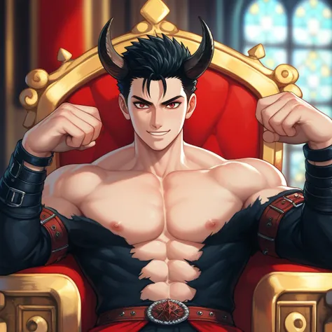 Anime berserk,  role-playing character, Abandon in a medieval castle, dark and icy atmosphere,  sitting on a throne , A demon, pale, Subjugation pose,  black bison horns, spiky black hair, murderous smile,  red eyes, very muscular and tall, beautiful,naked...