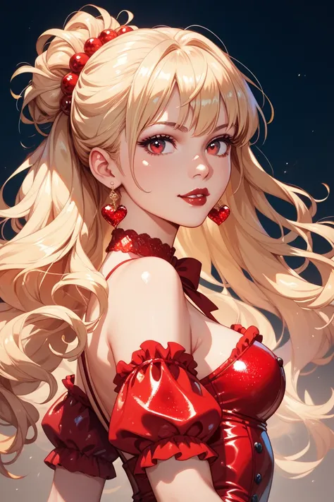 shaggy hairstyle long hair shiny blonde hair,shiny red eyes,Shiny Red Lip,ボーダー柄 mini onepiece,ブーツ city,