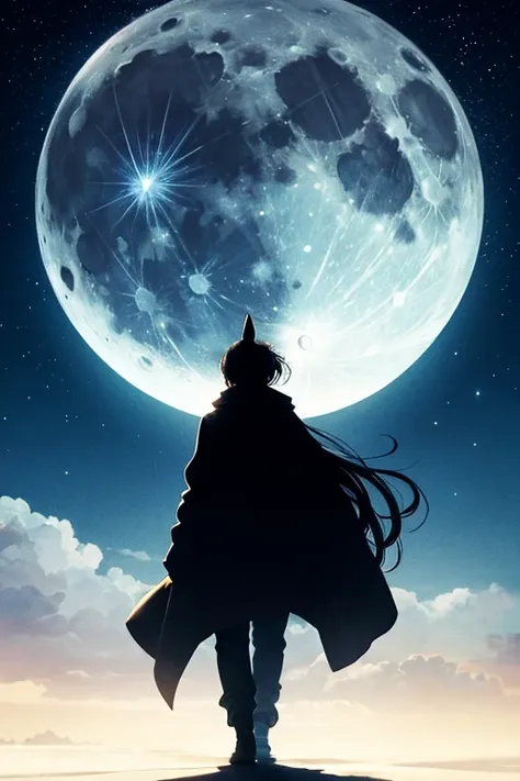  top quality,Big moon and shadow,A silhouette of a person can be seen against the backdrop of a large moon.,There is one full moon,There is a mood, beautiful scenery, starry sky 