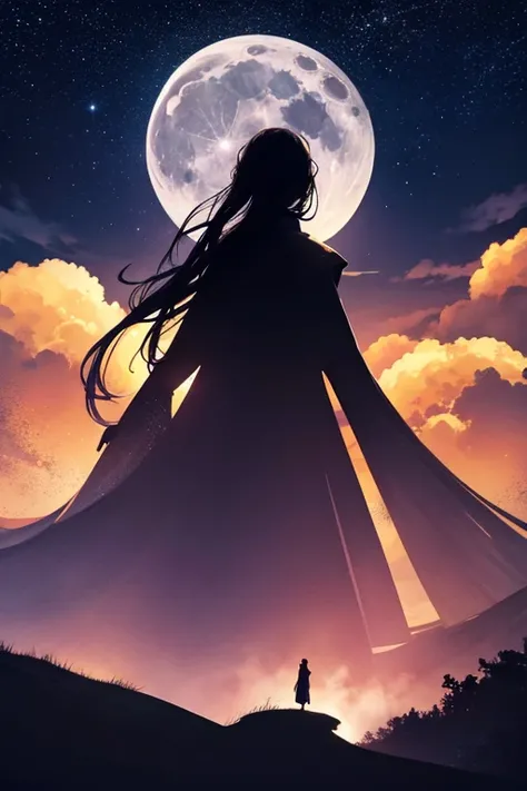  top quality,Big moon and shadow,A silhouette of a person can be seen against the backdrop of a large moon.,There is one full moon,There is a mood, beautiful scenery, starry sky 