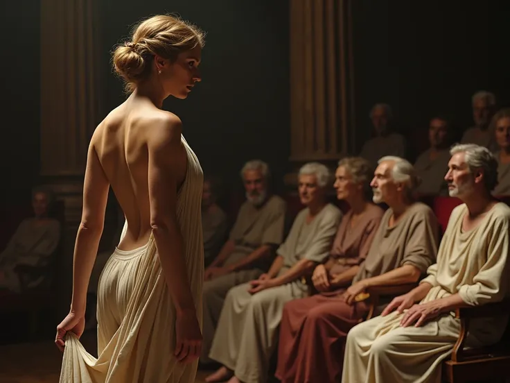 A realistic photo of greek mythology the storie of phryne, phryne is total nude, on the left hand she hold the dress,realistic skin, old Judges sit in an auditorium and they are looking at her impressed 