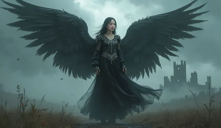 In a vast, stormy landscape, an Asian girl stands confidently, clad in a striking black angel costume adorned with intricate silver detailing that glimmers against the dark, tumultuous skies. Powerful winds tug at her outfit as her wings, slightly unfurled...