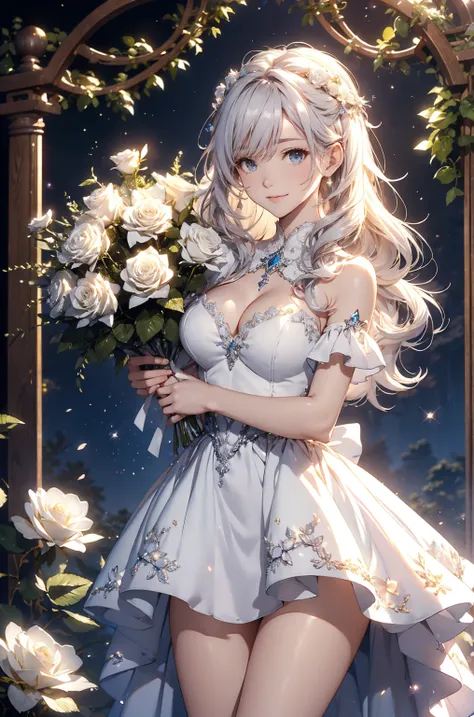  top quality　 mystical 、(cowboy shot) ERO 1 WOMAN cute smile！smile!  gentle gaze ,  beautiful eyes 、Hold a beautifully decorated bouquet of white roses with both hands and give it to me 　White Rose Bouquet 　　Congratulations！ party✨、 Chest 130 Beautiful Con...