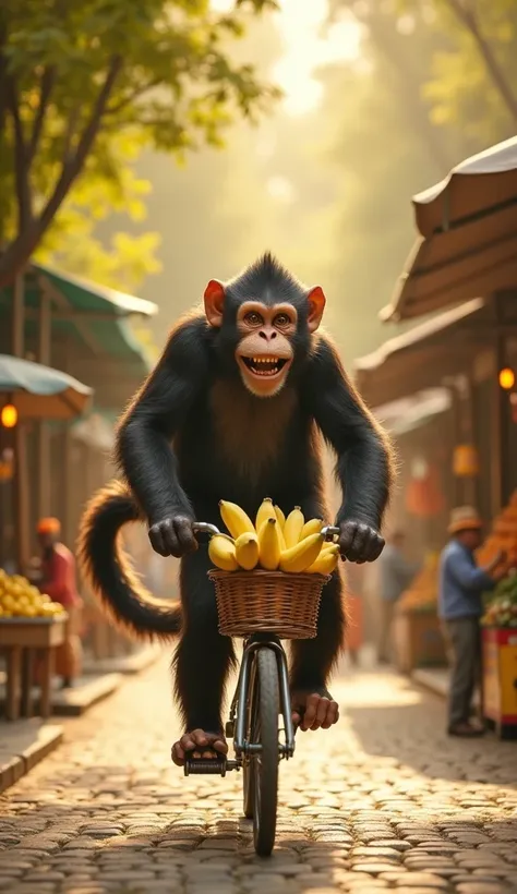 A cinematic shot of a large monkey happily riding a bicycle down a tiny cobblestone path, with a basket full of fresh bananas in front. The monkey, with a big smile, pedals joyfully, its tail playfully swaying behind. The miniature fruit market fades into ...