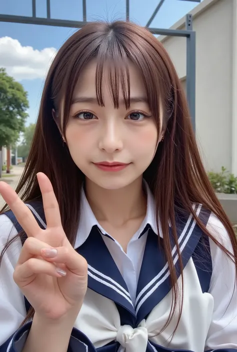 (((((  high school girl、 sailor suit)))))、whole body、smile、 peace sign、(  long dark hair：1.5), School gate、Clear skies、 (Big Breasts:1.7) 、 miniskirt 、 looking at camera