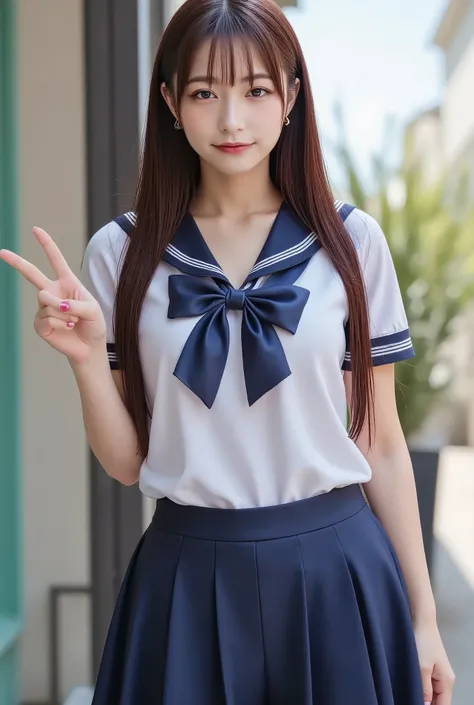 (((((  high school girl、 sailor suit)))))、whole body、smile、 peace sign、(  long dark hair：1.5), School gate、Clear skies、 (Big Breasts:1.7) 、 miniskirt 、 looking at camera