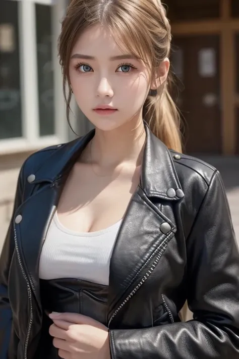 One Girl , Alone, face, portrait , long hair, ponytail, blondes, green eyes, big breasted , ( black leather jacket :1.2) , clevis on a stone, School, Empty , Stares at Viewers ,