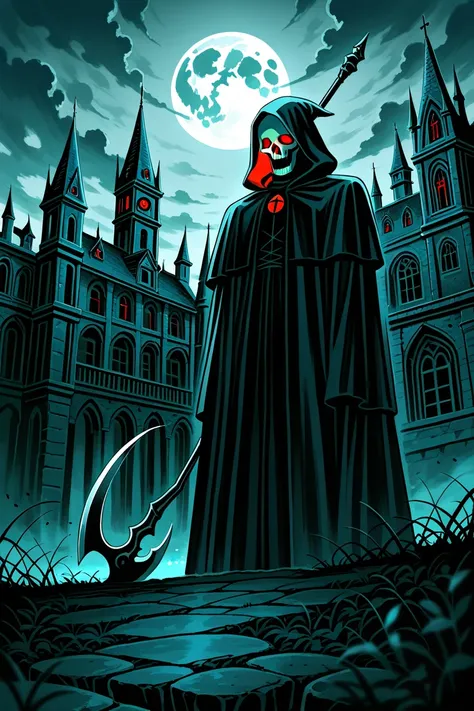 masterpiece, best quality, amazing quality, very aesthetic, absurdres, newest, scenery, highly detailed, high-resolution, artist:itou junji, itou junji \(style\), detailed line art, Haunted Mansion, ghostfreak, grim reaper, holding scythe, Evil spirits, mi...