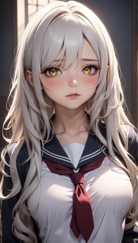 White hair, yellow eyes, long hair, wavy hair, blush, school uniform, medium breasts, dark gothic atmosphere, masterpiece, hq