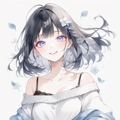  cute girl、 black hair、Off-the-shoulder sweater、 cute makeup、 white background、 smiles、Illustrations with a pale taste like watercolor