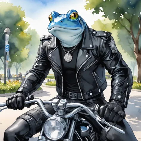 Closeup, Watercolor, digital comic book art style, An extremely badass anthropomorphic light blue and white bullfrog wearing an insanely cool black leather biker jacket open, black shirt, black leather biker gloves, black leather biker pants, giving it a c...