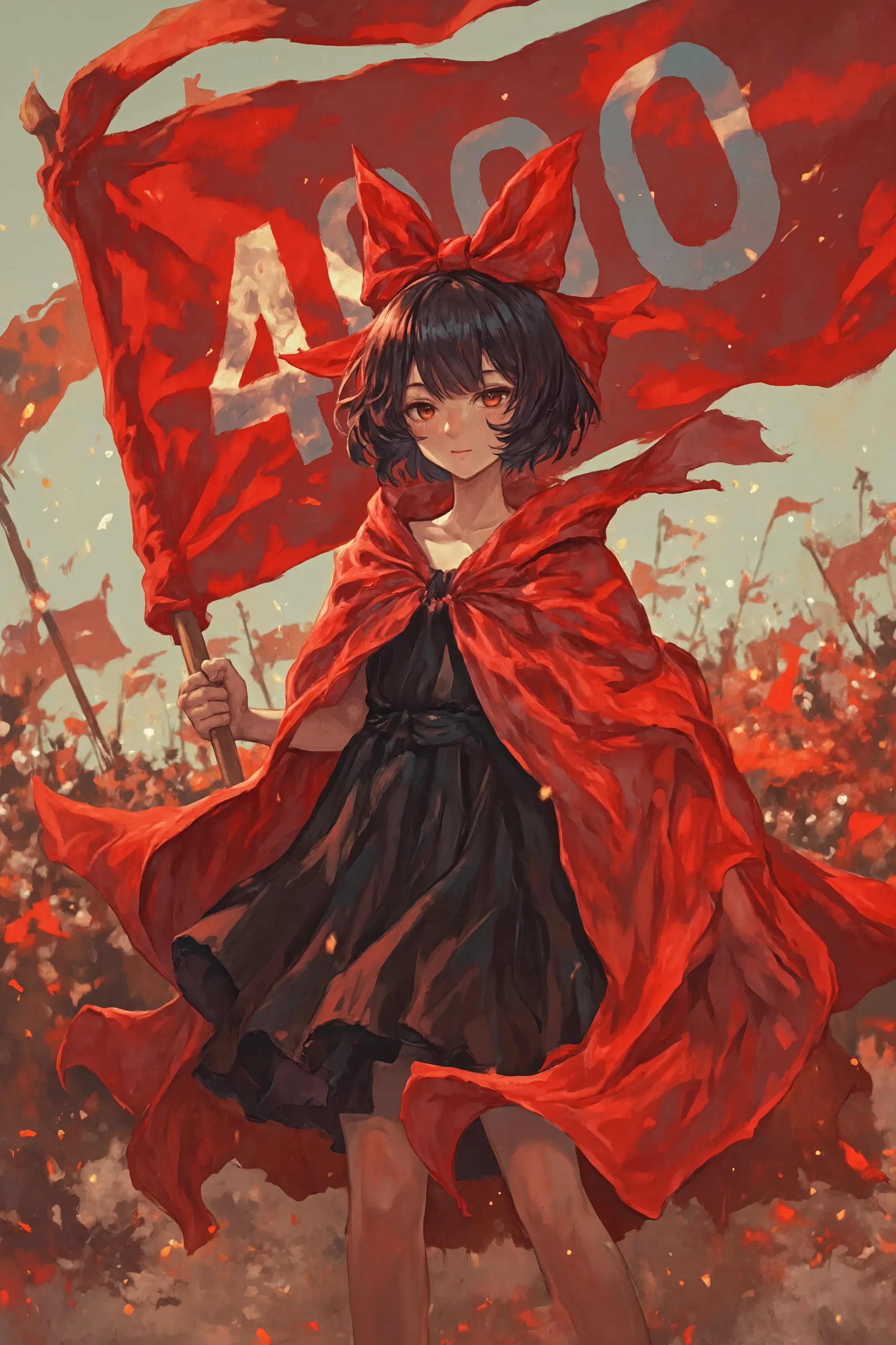 A girl with short black hair and big red ribbon on her head. She wearing a black sundress and red cloak. She holding a red flag with text "4000"