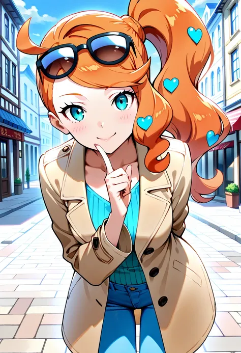 1girl, standing, put index finger on mouth, leaning forward, facing viewer, from front, BREAK zzSonia, aqua eyes, long hair, orange hair, side ponytail, coat, heart hair ornament, brown coat, ribbed shirt, denim pants, sunglasses, eyewear on head, smile, B...