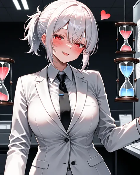 Femboy heart-shaped face, short ponytail to the waist, black, red eyes, heart-shaped face, trapezoid, mixed hourglass, beautiful appearance, cute, height 170 cm, wearing a white suit, black tie, in a government office room.