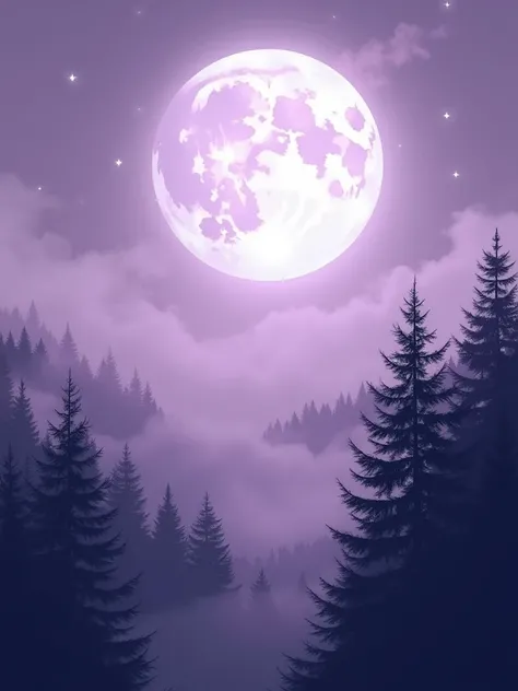 A serene and enchanting monochrome illustration in light violet tones, capturing the majestic full moon rising above a mystical, fog-shrouded forest. The moon, bathed in a soft glow, dominates the top of the frame, while the dense, dark tree silhouettes st...