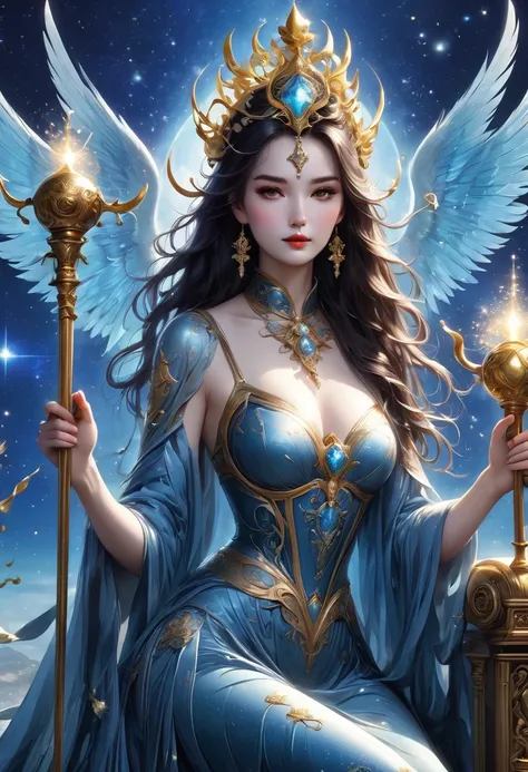  tarot cards , （ best image quality）， in the seat，Queen style 、（ full female love）， holding a scepter in one hand ，（ perfect body），（PERFECT EXPRESS ），青いstar空，star（Sparkling），clothing（Sparkling），（ Masterpiece），（ 8k wallpaper），myth，  fantasy theme，