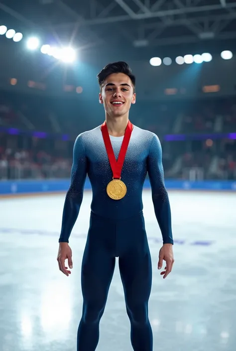 Ice stadium .  Figure skating also won a championship. They have first place medals on their neck .The man has black hair. He looks at the camera as if he is posing . smiling. There is no one with you