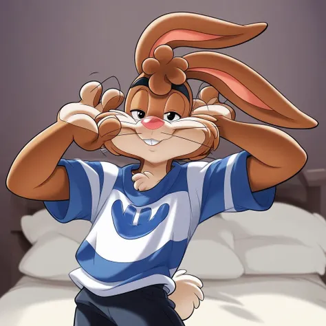 zPDXL3,quicky,4 fingers,brown fur, black pants, blue striped shirt, standing, young adult, cute version of quicky, cute rabbit hair, furry, rabbit, male, Warner Bros style, femboy, slim,solo,looking_at_viewer, bed‚ sleeping