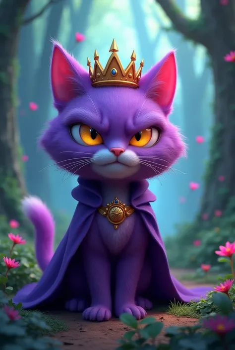 ((masterpiece, highest quality, Highest image quality, 3D animation, cartoon, High resolution, photorealistic, Raw photo, Extremely detailed CG unified 8k wallpaper)), The purple cat queen with a crown on her head, anger face, magical forest background