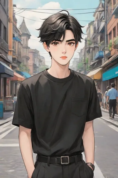 The fiction boy is so handsome. He has short black hair and thin lips. He has cute brown eyes. He wears black shirt and pants. His skin is fair. His oval face is clear. His thick eyebrows are so smart. His eyes lashes are long. He is in city He is 18 years...