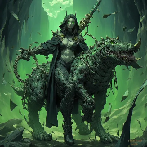 - Beautiful "Russian" woman, a pair of 'DEVIL' horns on her forehead. Green lips.

- Wearing a costume ("Full Sexy Armor"), a costume that embodies the form of "Devil Agares", (Chest and Thigh Armor is open).
Wearing a long robe and a black hood, shabby an...